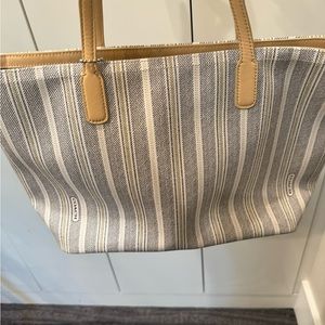 Coach tote in tan leather with canvas in white, denim blue and green.